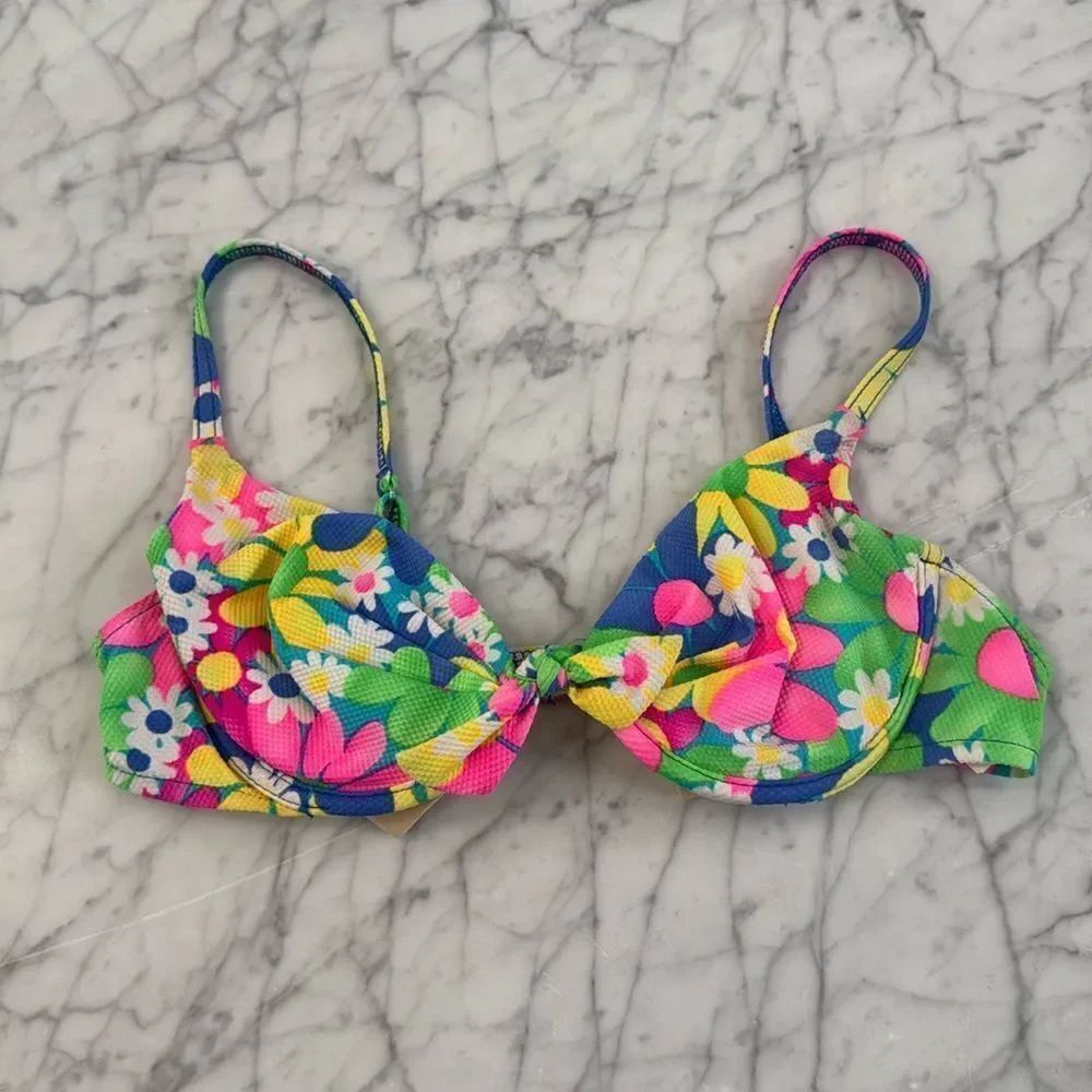 Vintage 90s Y2K Citrus Neon Floral Bikini Swimsuit Top Sz M